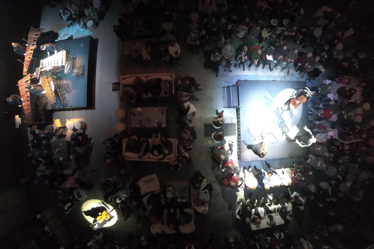 looking down at audience